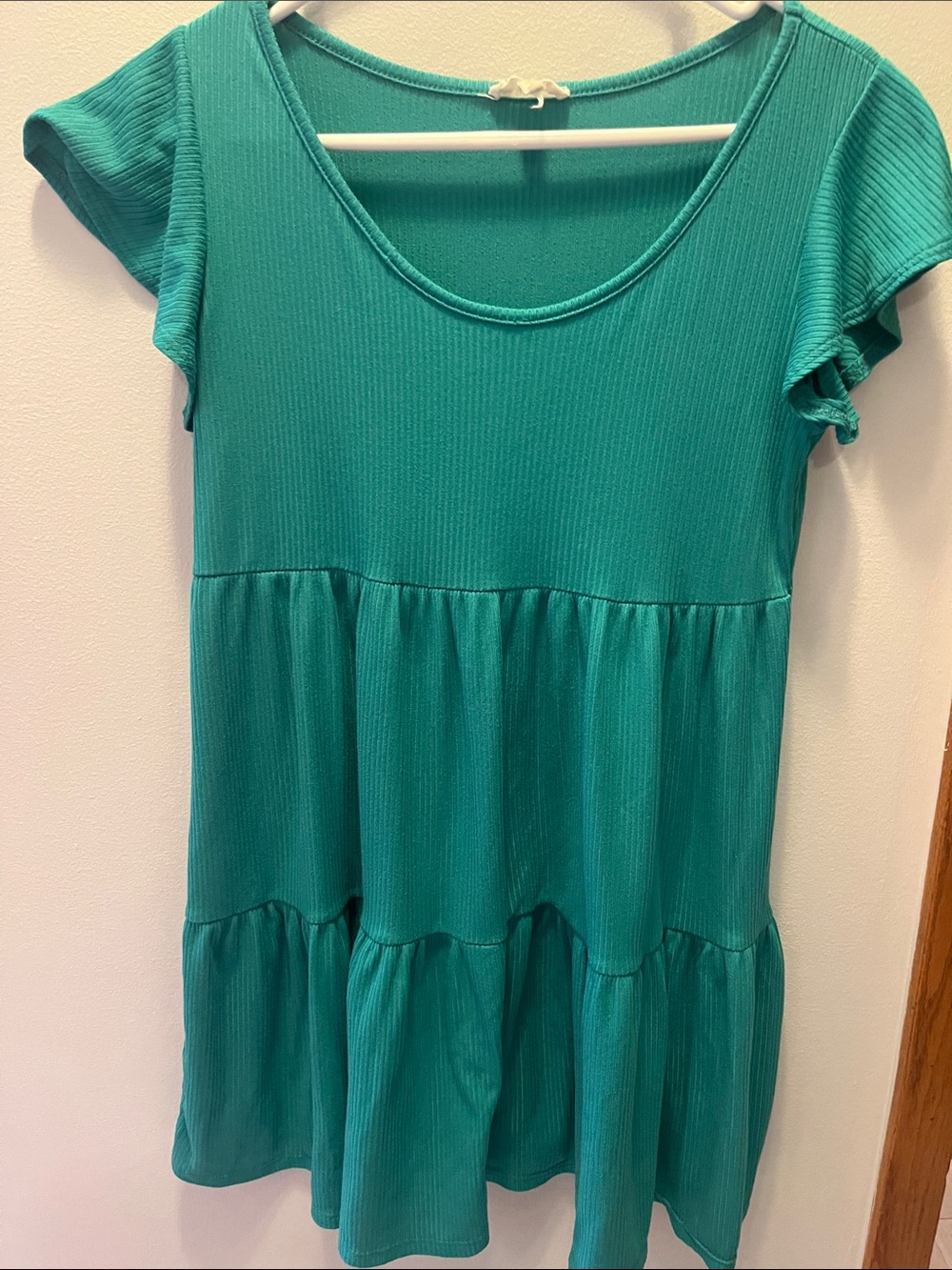 See You Monday Teal Ribbed Tiered Mini Dress